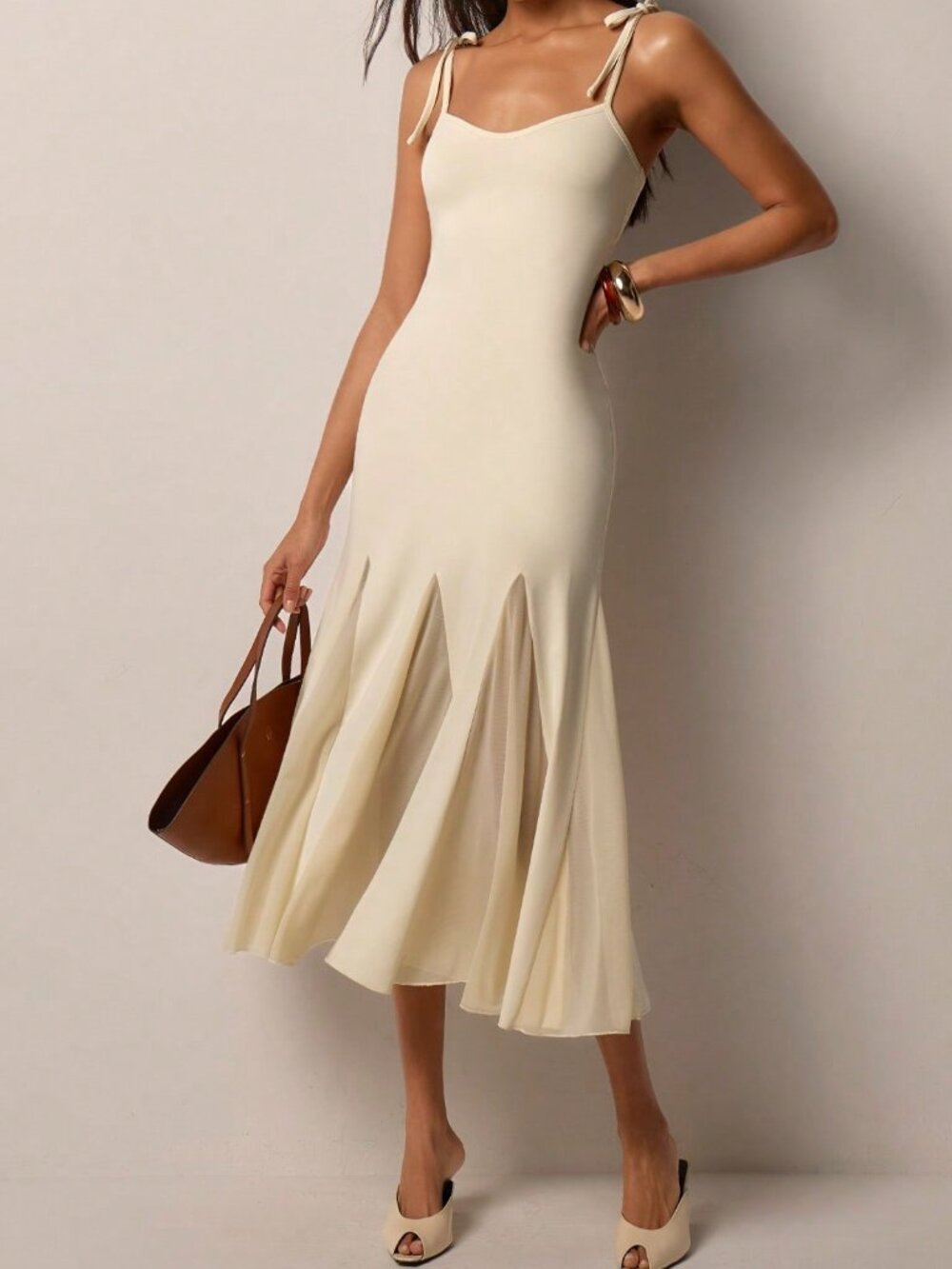 Apricot Elegant Women's Casual Tie-strap Patchwork Hem Midi Dress - Picture 4 of 7